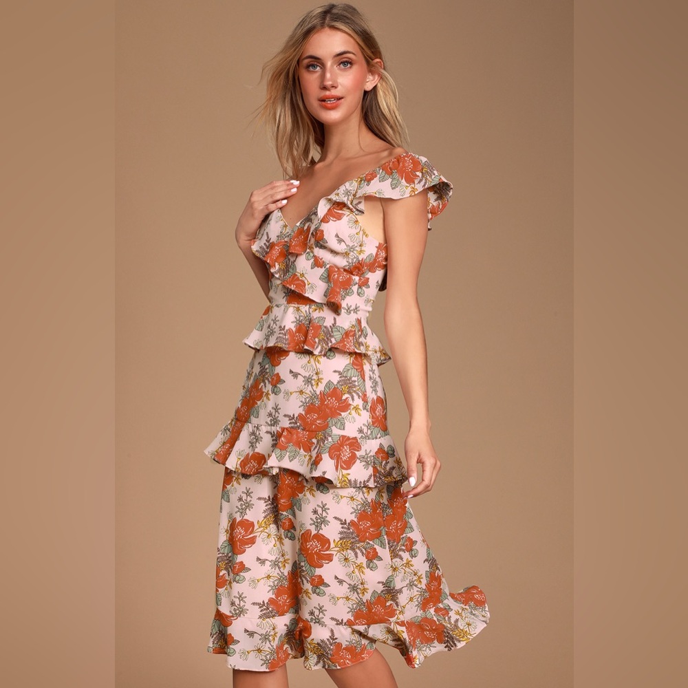 Fleur-Evermore Blush Pink Floral Print Ruffled Midi Dress